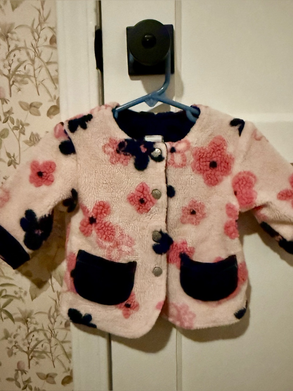 B.T. Kids retro vintage y2k Cozy Pink Floral Fleece Jacket Navy Trim 12 months?